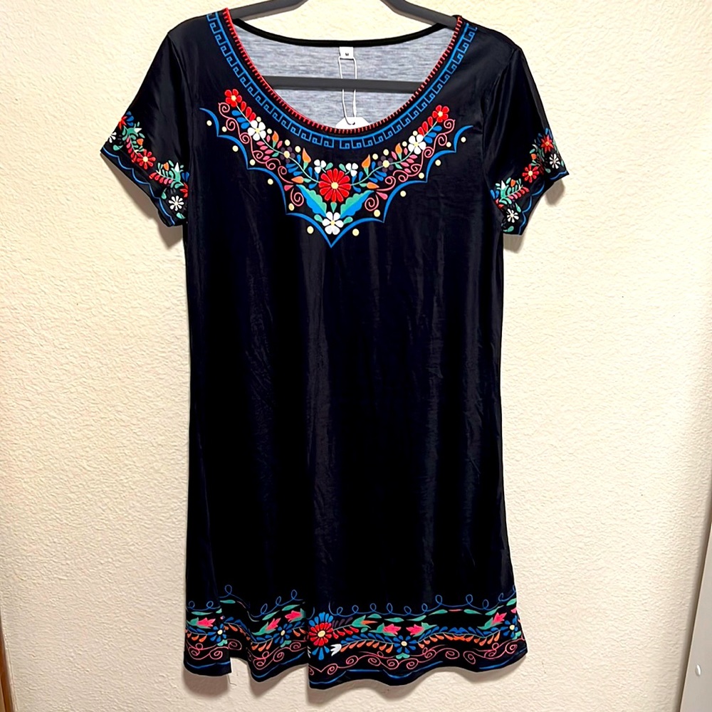 NWT "Made with Love" Black A-Line Dress Multicolor Floral Boho Peasant Flowers M